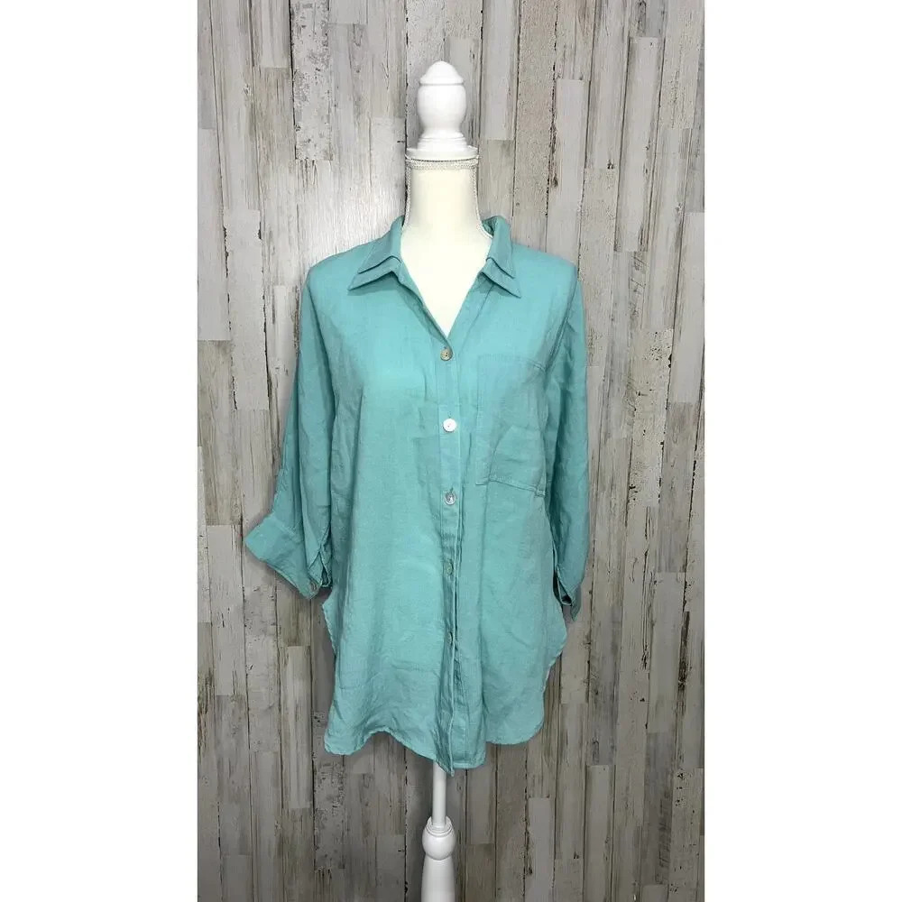 Fridaze Women's Small Teal 3/4 Sleeve Roll Tab Sleeve Linen Button-Up‎ Shirt